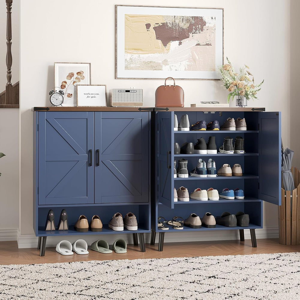 Vabches 34" Tall Farmhouse Shoe Storage Cabinet with Barn Doors, Navy Blue
