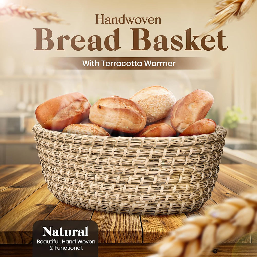 Bread Warmer Basket with Stone - Hand Woven Bread Basket With Warming Stone I...