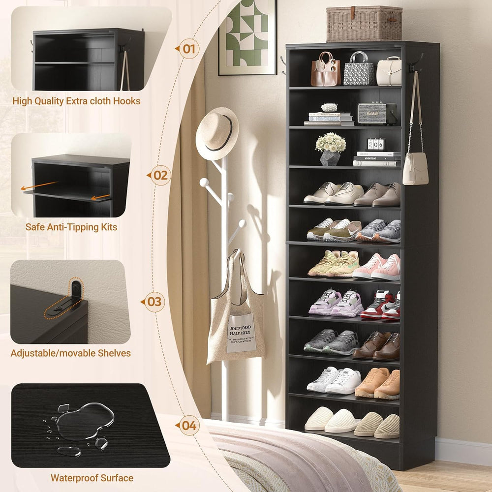 Aheaplus Tall Shoe Cabinet, 10 Tiers Narrow Wood Shoe Rack, 17.7" W, Black
