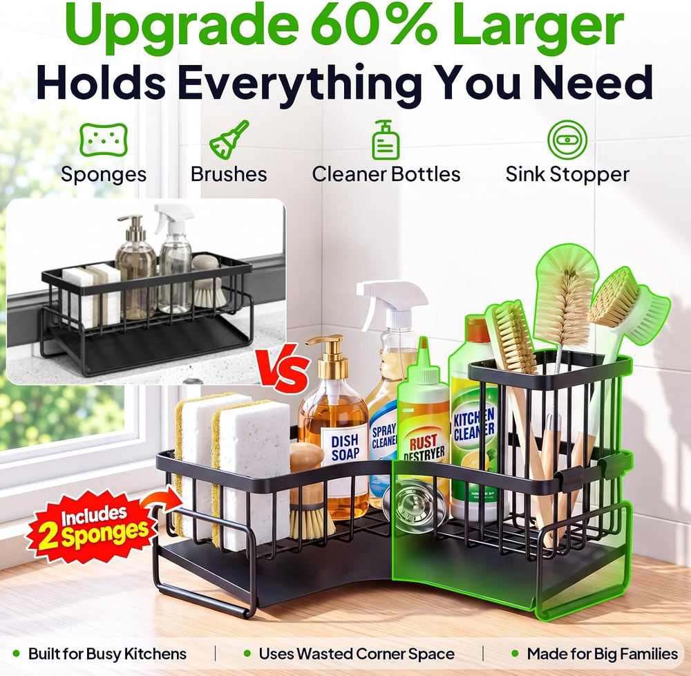 Large Sponge Holder for Kitchen Sink: L-Shaped Sink Caddy with Brush Holder