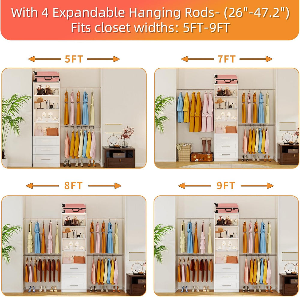 Closet System with Drawers, 4FT-9FT Modular Closet Organizer System with 4 Ex...
