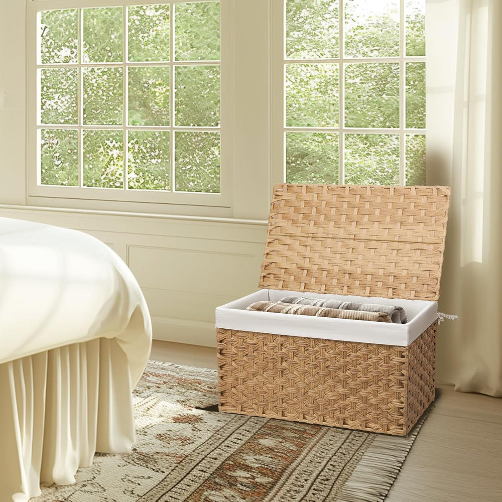 Wicker Storage Basket with Lid, 17.2 Gallon (65L), Woven,Natural