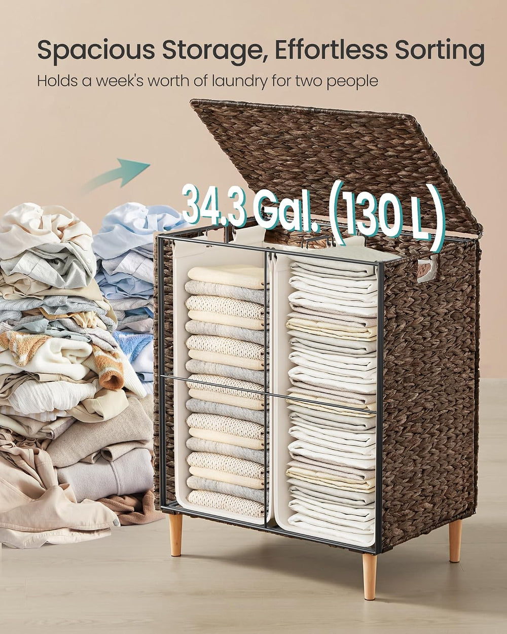 SONGMICS Laundry Hamper With Lid, 130 L Wicker Handwoven Water Hyacinth