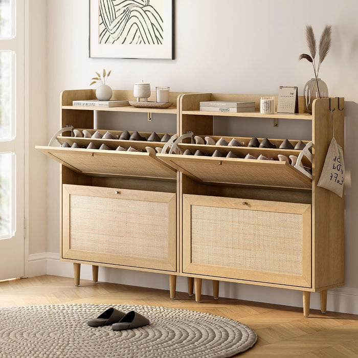 Rattan Storage Shoe Cabinet with 2 Flip Drawers Set of 2, Farmhouse Freestanding Organizer with Wooden Legs Boho Hidden Narrow Shoe Rack Cabinet for Entryway, Hallway, Natural Oak