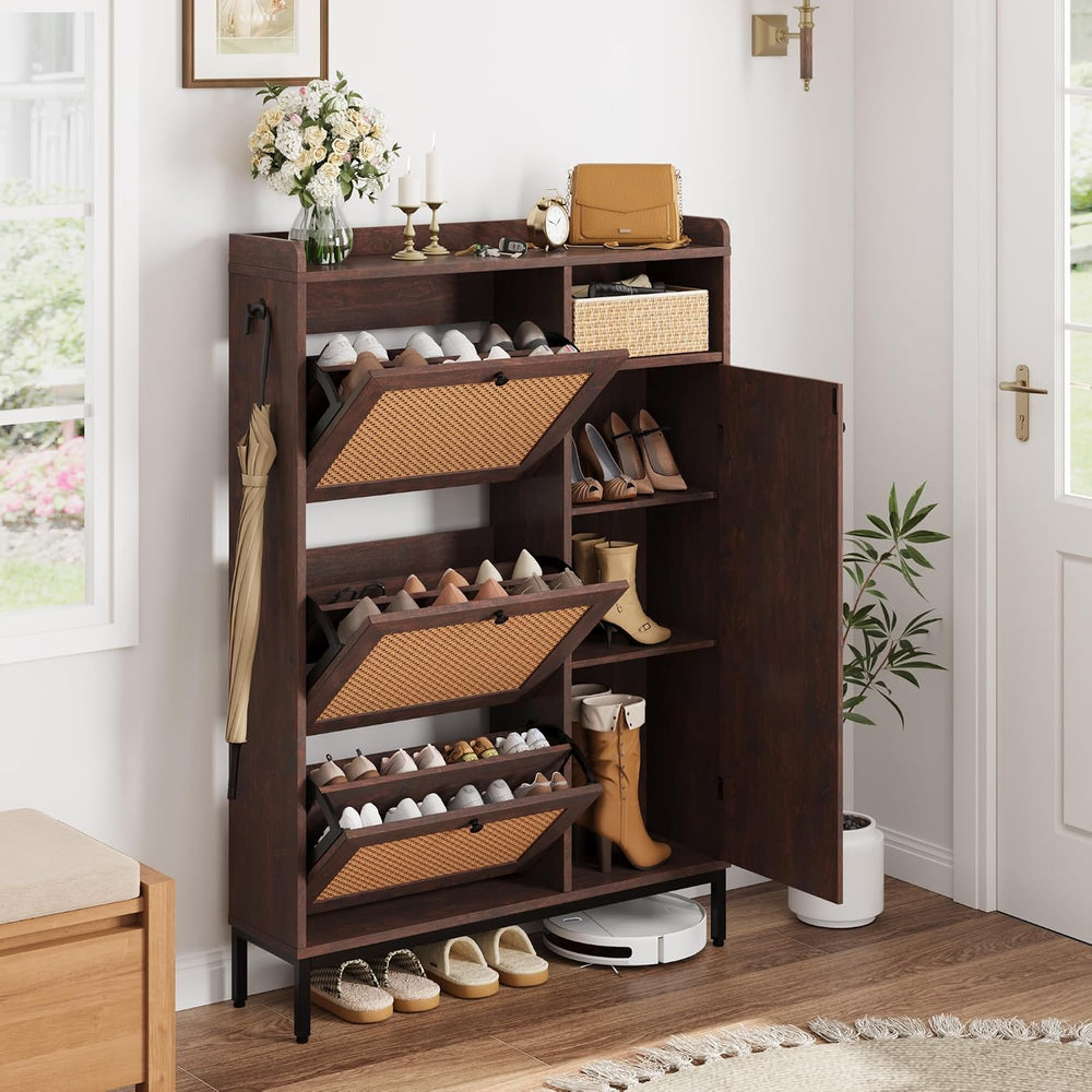 GarveeHome Shoe Cabinet Rattan with 3 Flip Drawers