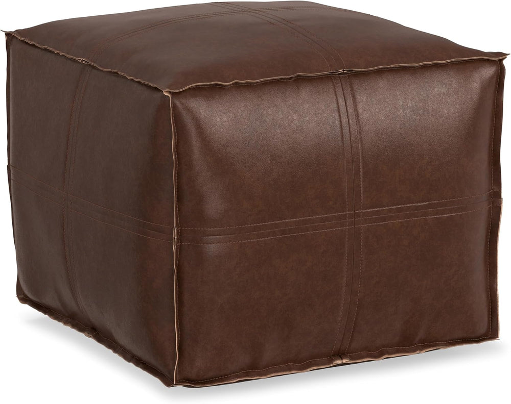 SIMPLIHOME Brody 18" Wide Square Pouf in Distressed Dark Brown Faux Leather