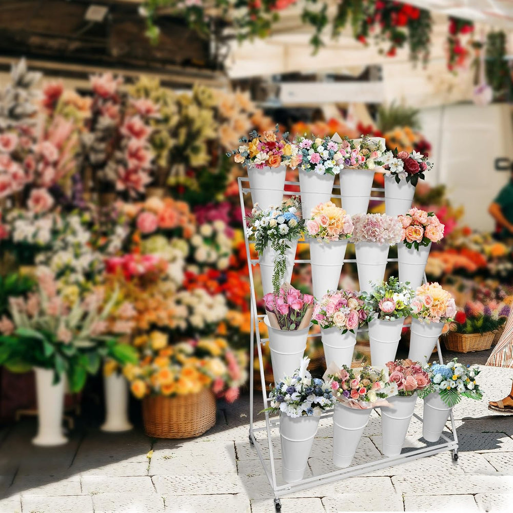 Flower Display Stand, 4 Tier Heavy Duty Moving Plant Cart Shelf with 16 Bucke...