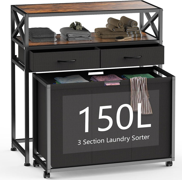 150L Laundry Sorter Hamper 3 Section with 2 Shelves & 2 Drawers