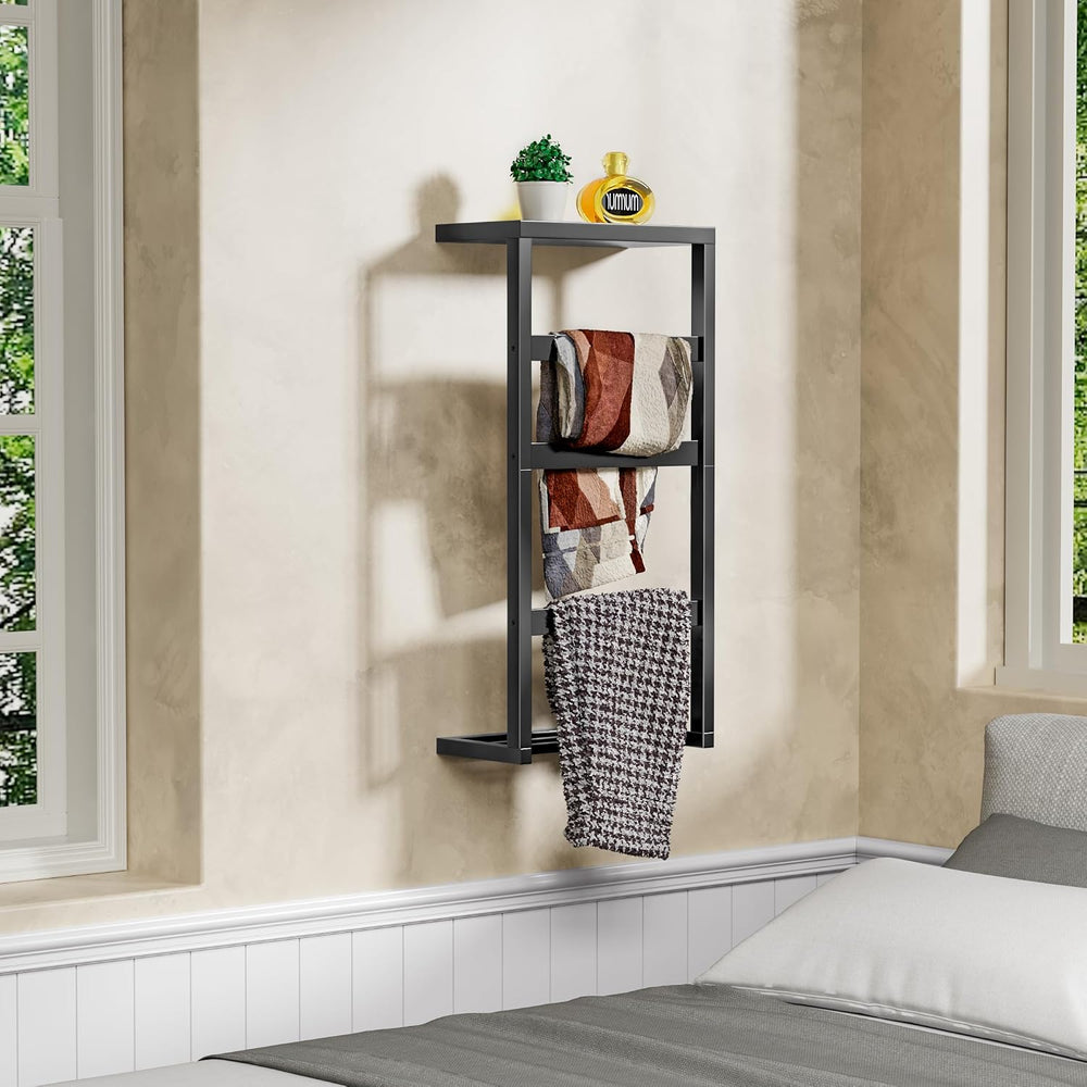 Bamboo Wall Blanket Ladder, 4-Tier Towel Racks, Blanket Holder with Anti-Slip...