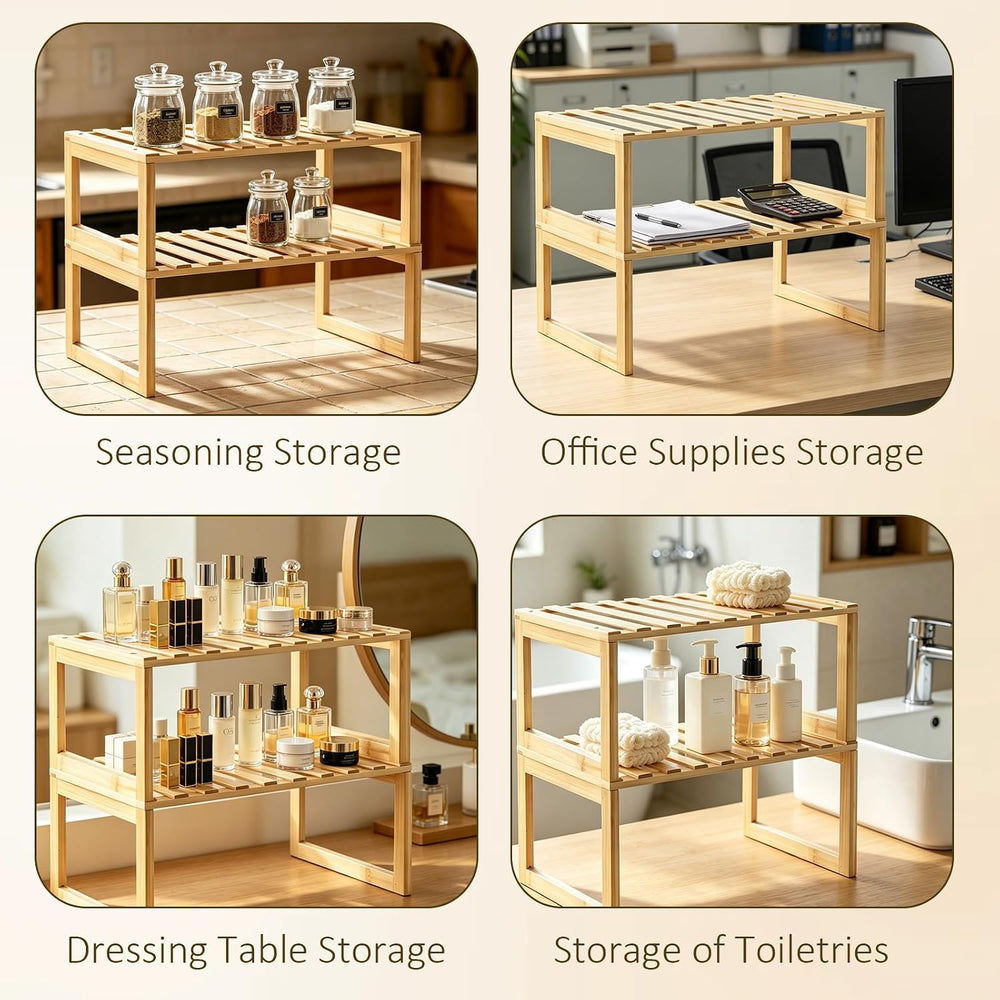 4 Pcs Cabinet Organizer Shelf and Bamboo Dish Drying Plate Rack, Kitchen Orga...