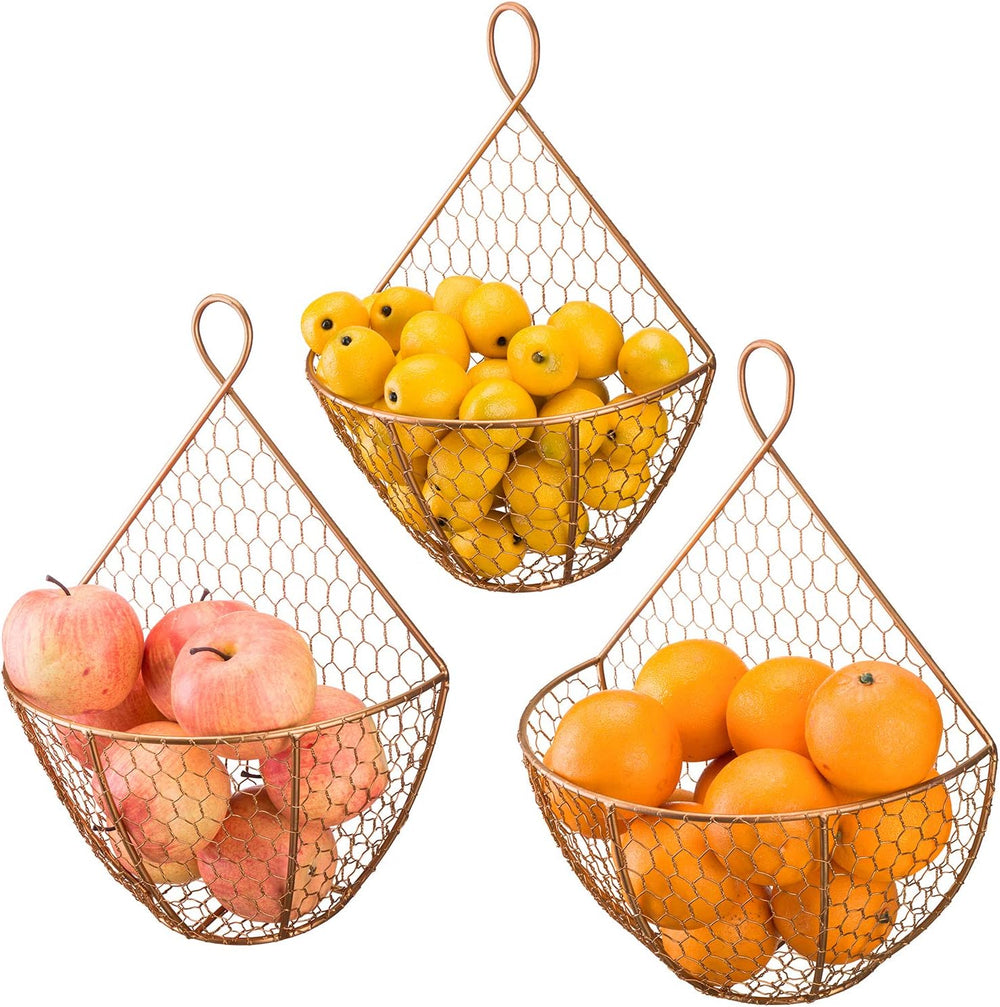MyGift Set of 3, Farmhouse Copper Metal Wire Mesh Wall Hanging Baskets, Wall-...