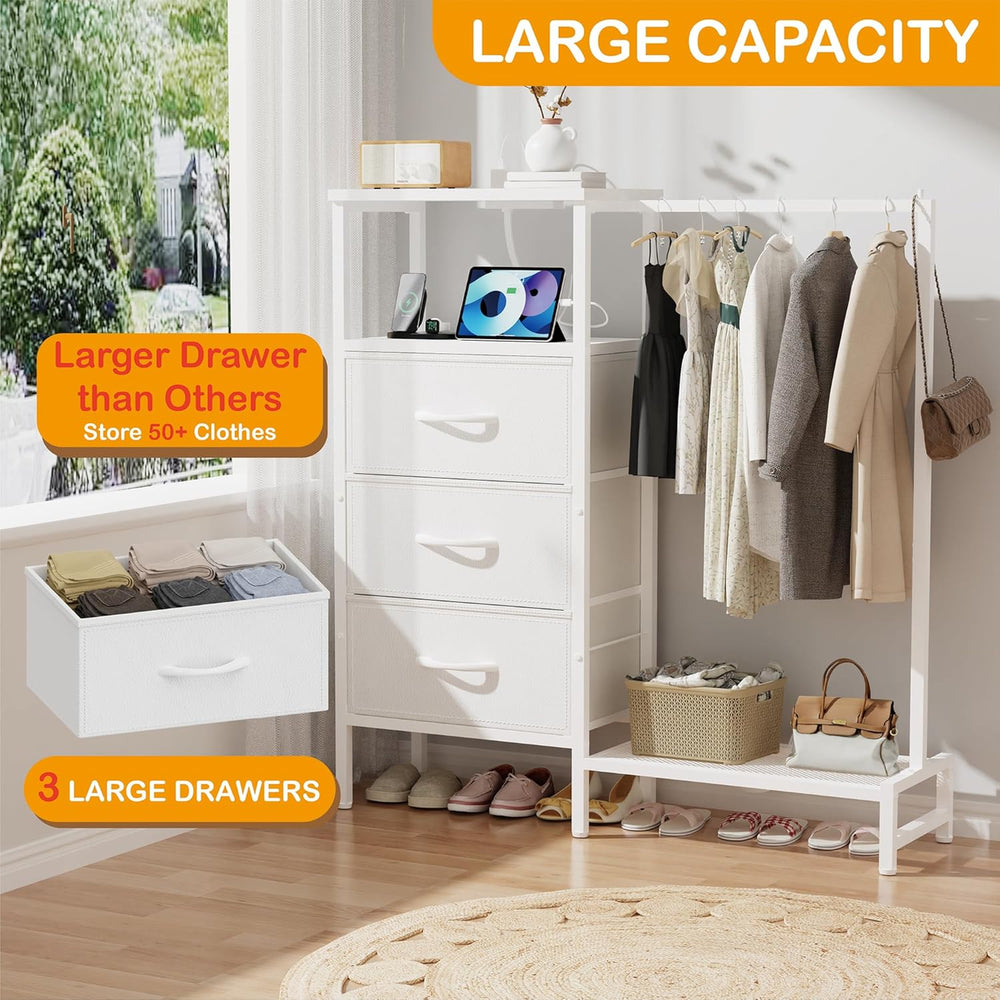 Dresser for Bedroom with Hanging Rack, 3 Drawers Closet with Charging Station...