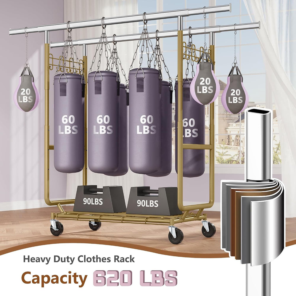 Hoctieon 2-Minute Assembly Double Rod Clothes Rack, Heavy Duty Rolling Clothi...
