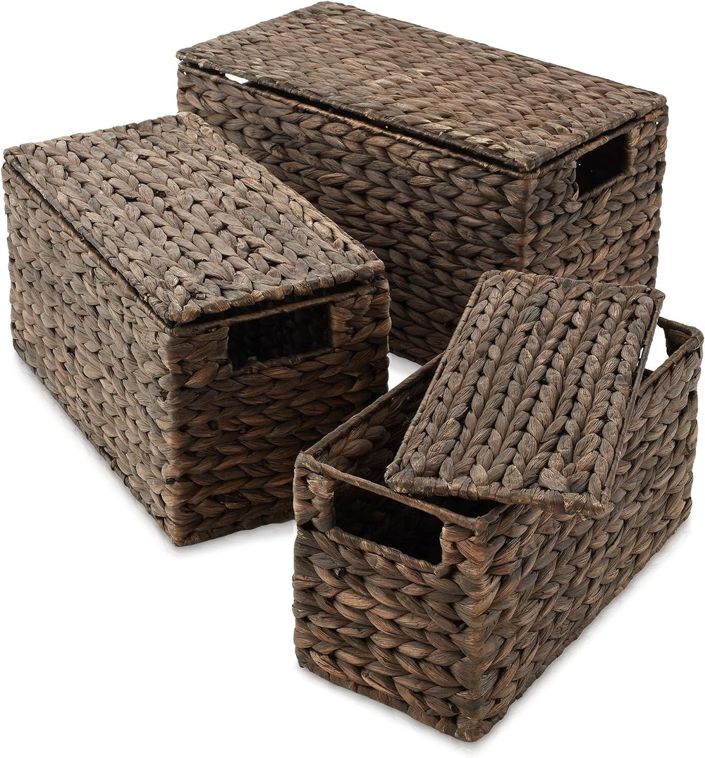Casafield Set of 3 Water Hyacinth Storage Baskets with Lids, Espresso - Small...