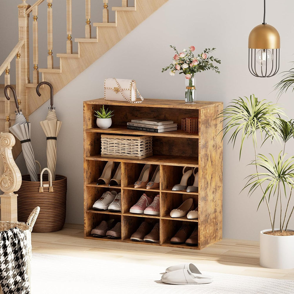 9-Cubby Shoe Rack, Wood Shoe Organizer Bench for Entryway Hallway Closet