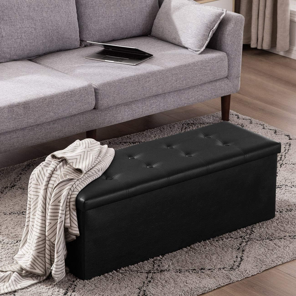 YOUDENOVA 43" Ottoman with Storage, Folding Faux Leather Bench, Black