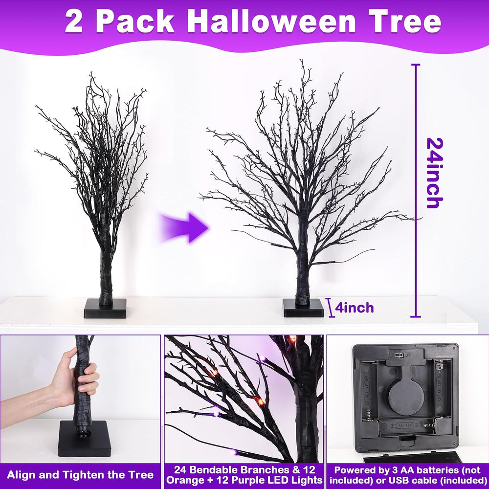 2 Pack 24 Inch Black Halloween Tree with 24 LED Orange Purple Lights, USB Bat...