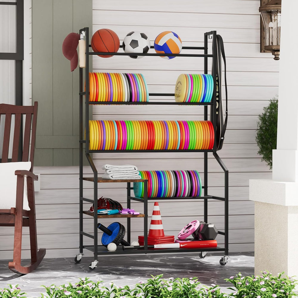 Portin Disc Golf Storage Rack with Wheels, 5 Tier Disc Station Organizer