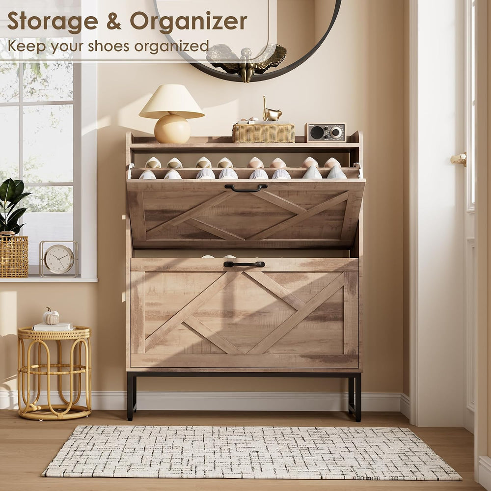 Nicetree Shoe Cabinet with 2 Flip Drawers,Freestanding Shoe Storage Cabinet, ...