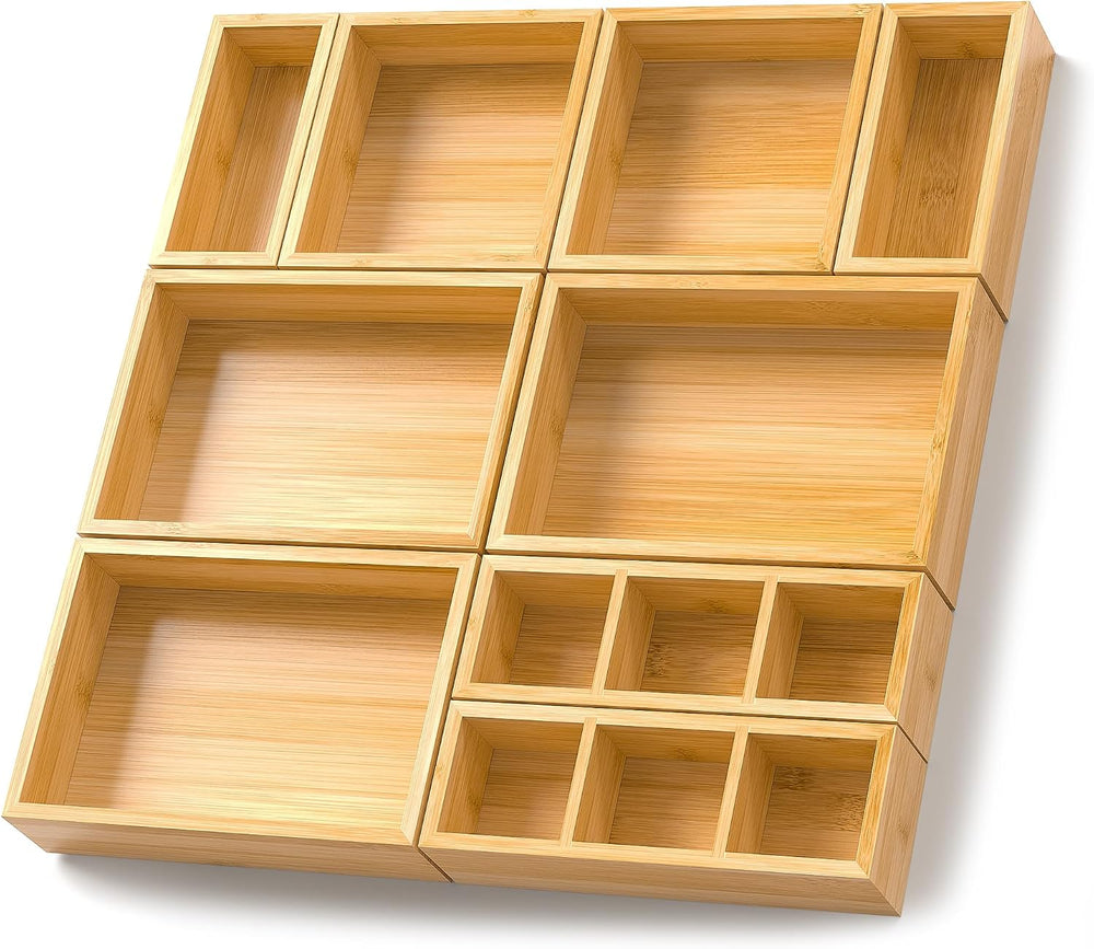 Bamboo Drawer Organizer, Set of 9 Wood Kitchen Junk Tea Desk Office Tray, Woo...