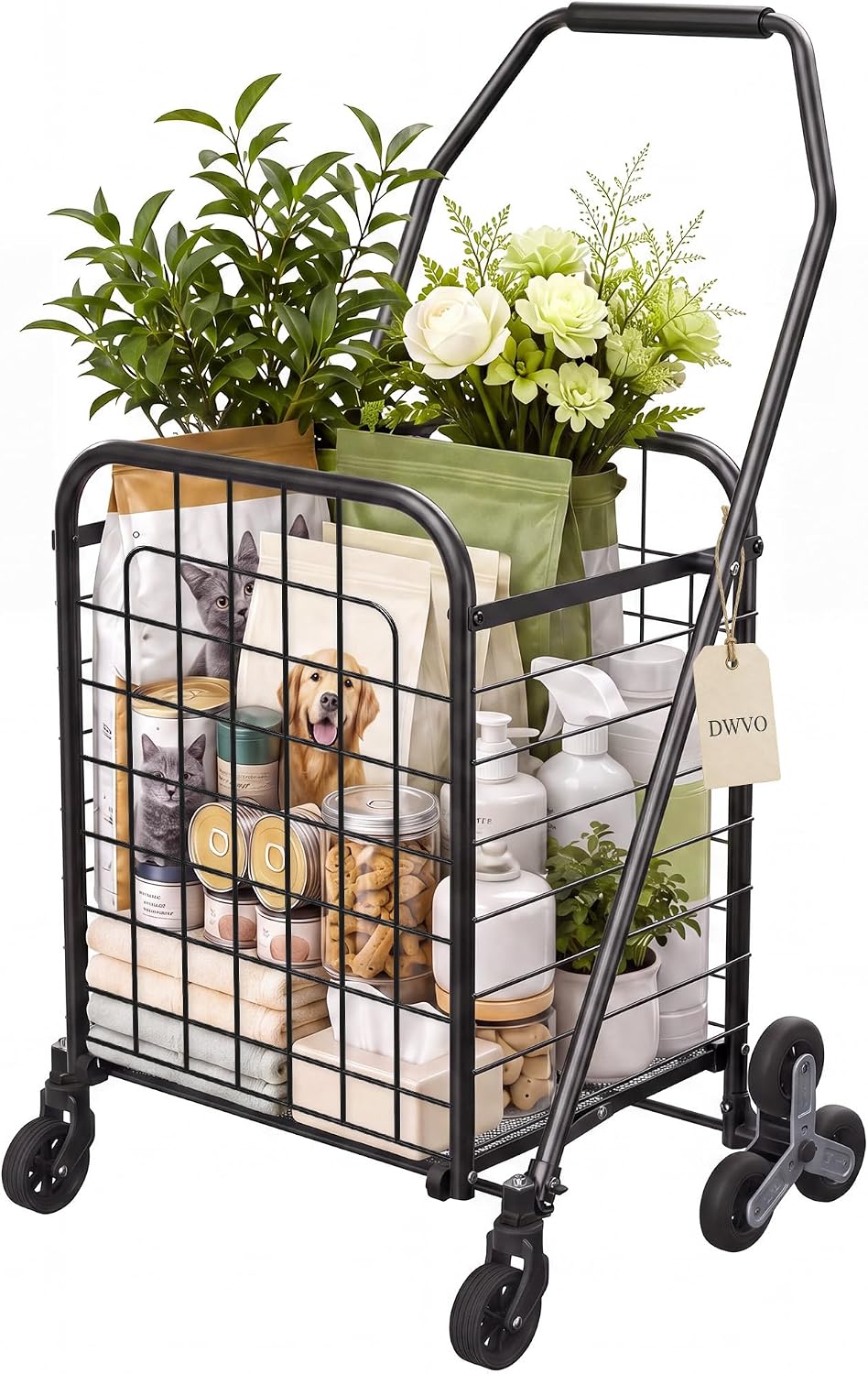 DWVO Folding Stair Climbing Cart, 360° Tri-Wheel Grocery Cart for Stairs