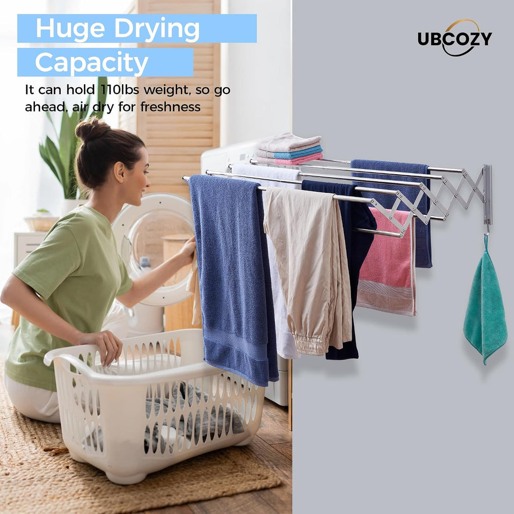 | Clothes Drying Rack Wall Mounted with Hooks - Foldable & Removable Laun...
