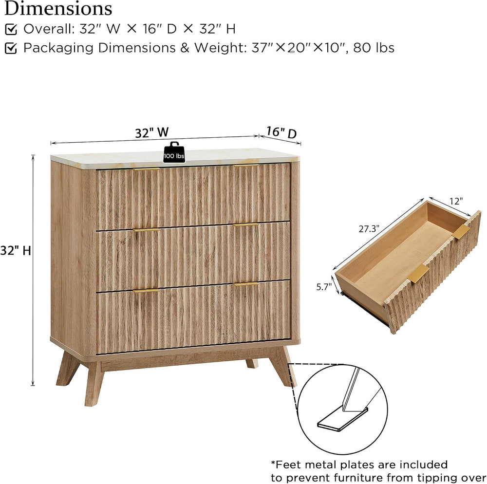 T4TREAM 32" Tall Fluted 3 Drawer Dresser for Bedroom, Natural Oak