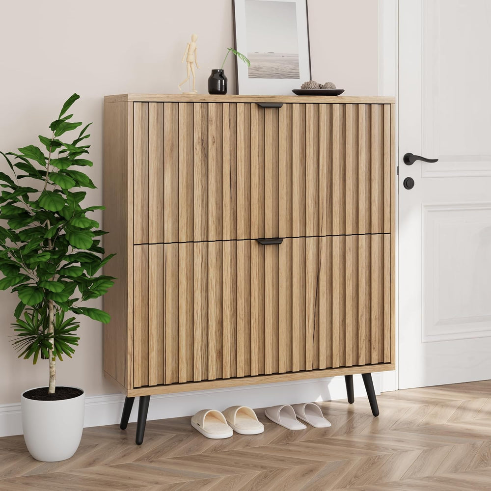 Smuxee Shoe Cabinet with 2 Flip Drawers, 31.5" Natural Hidden Shoe Stora...