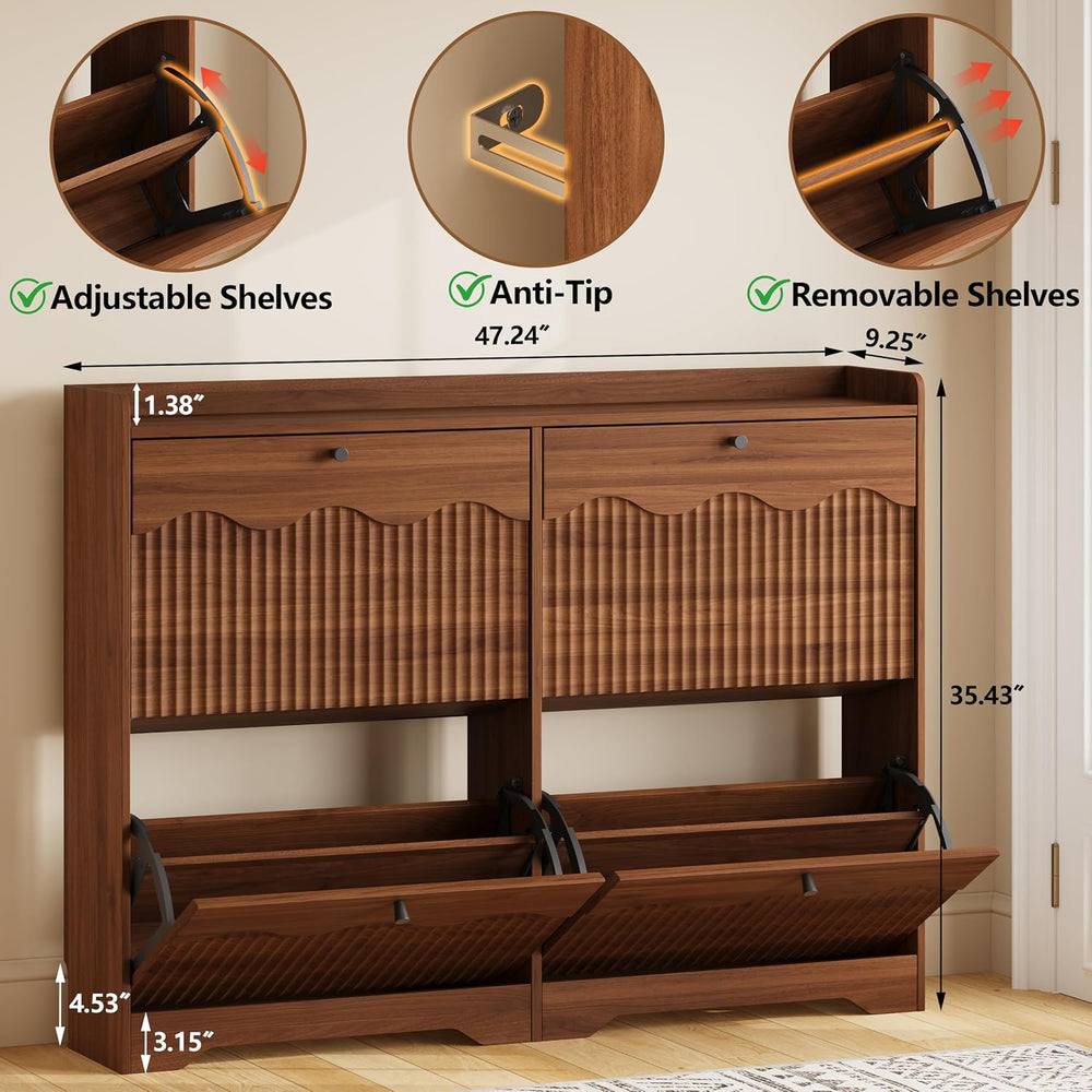 BORNOON Wide Shoe Storage Cabinet with 4 Flip Drawers and Modern Wave-Edge Fl...