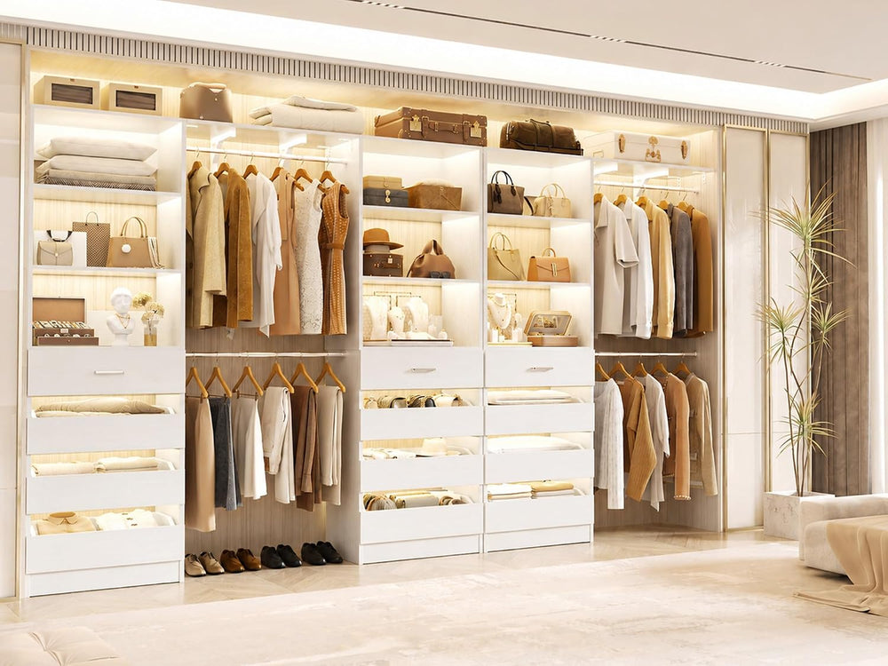 Aheaplus Closet System with 12 Drawers, 138.5" Custom Wood Closet Organizer