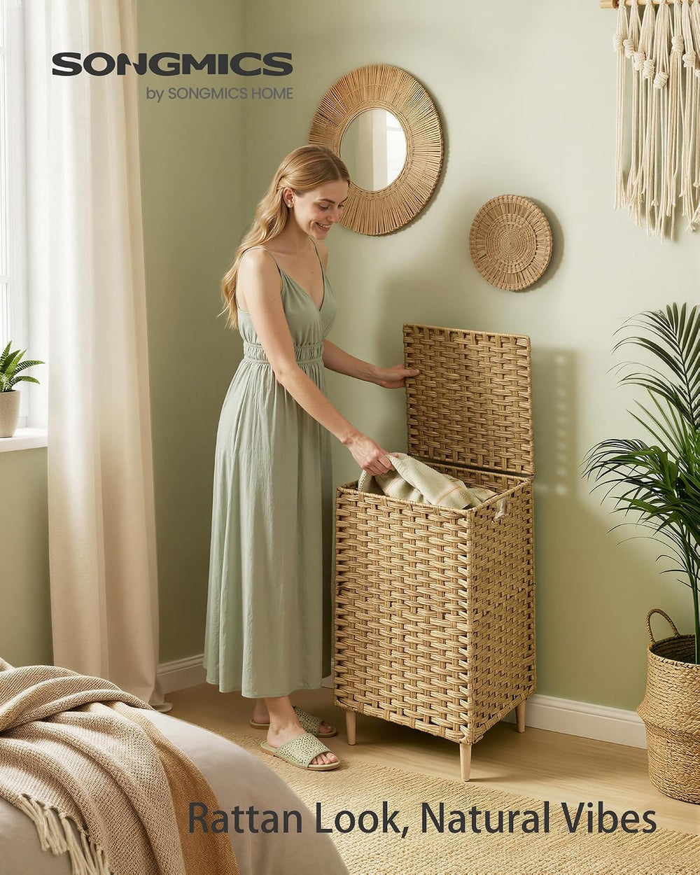 SONGMICS Laundry Hamper with Lid, PE Rattan, 25 Gallons (95 L)