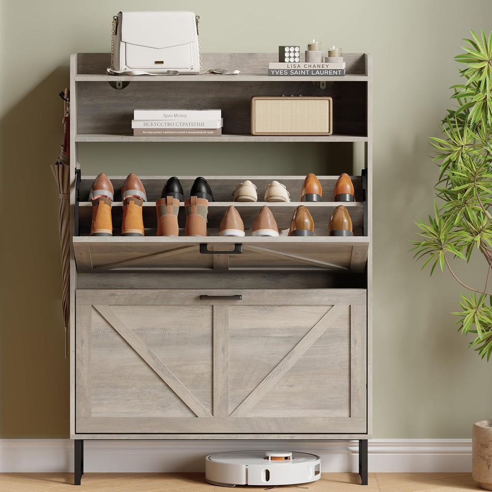 Xixini Shoe Storage Cabinet with 2 Flip Drawers, Entryway Shoe Rack, Grey