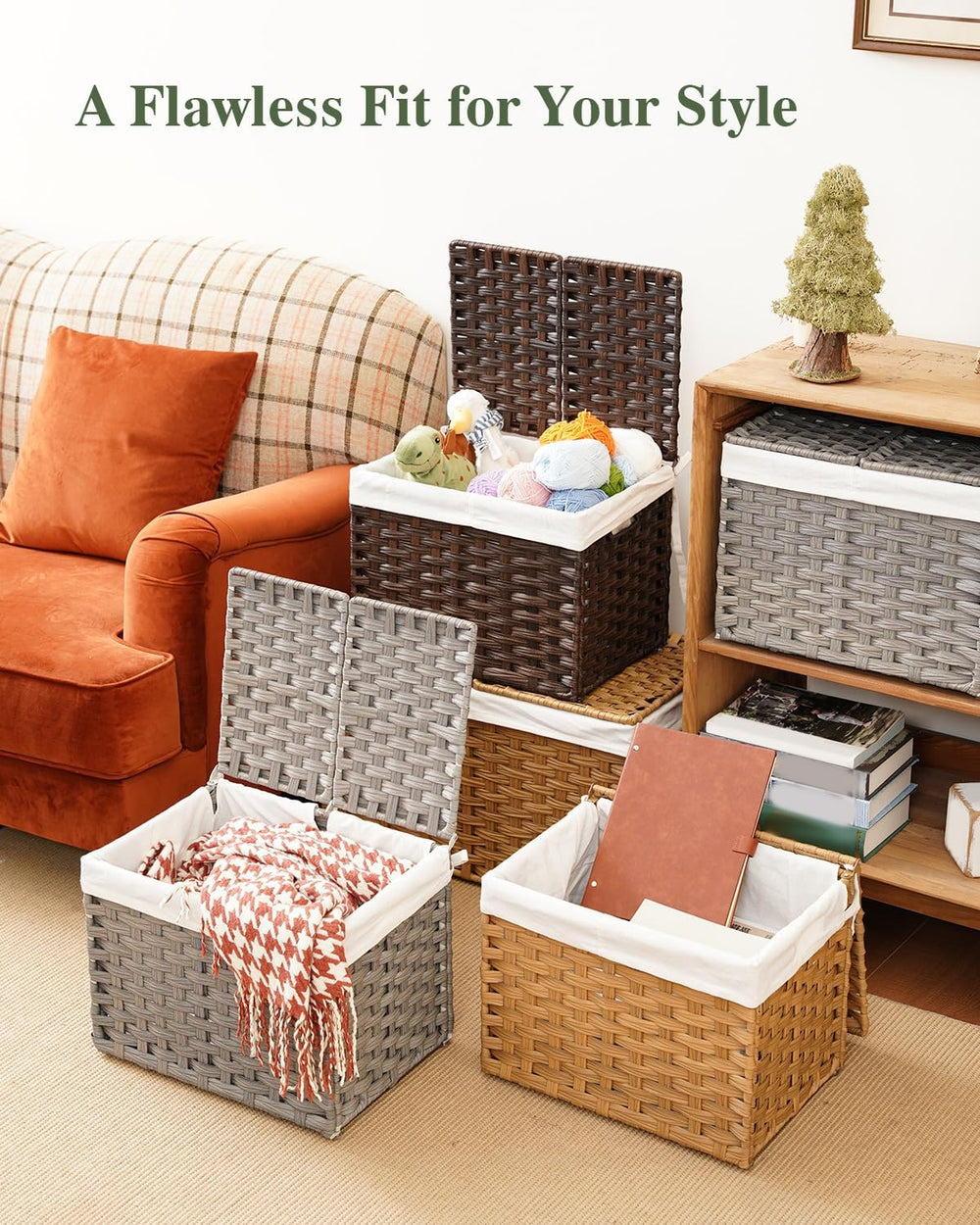 SETVSON Storage Basket with Lid, 9.2 Gal PE Rattan Trunk, Gray