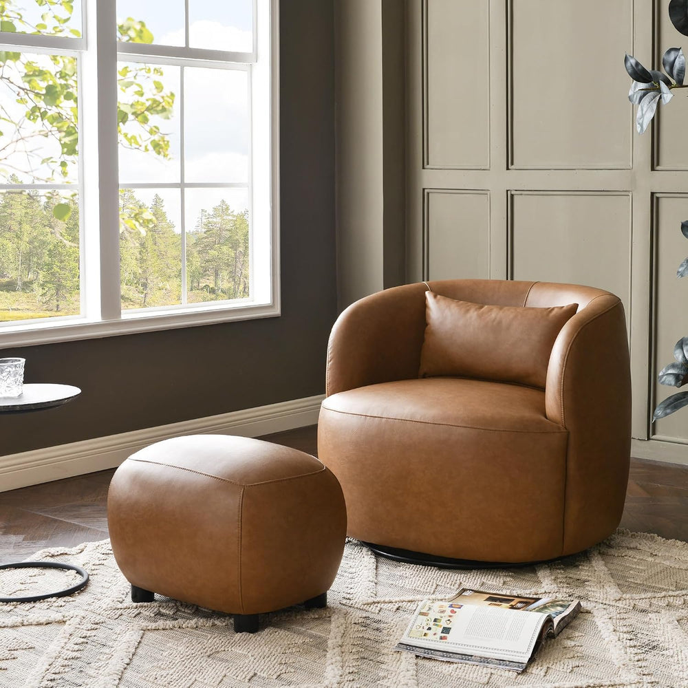 KINWELL 23" Wide Faux Leather Upholstered Ottoman Footrest, Camel