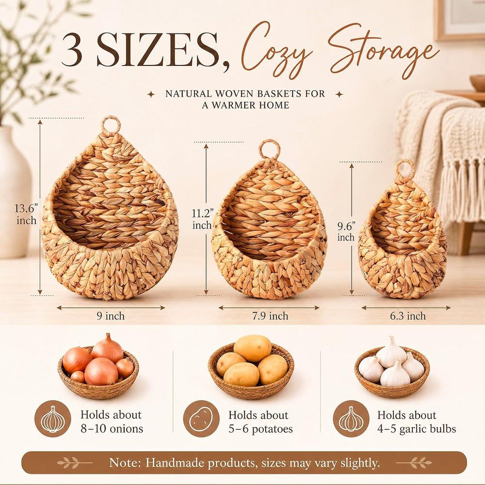 Honeydak 3 Hanging Baskets, Water Hyacinth, Teardrop, Jute