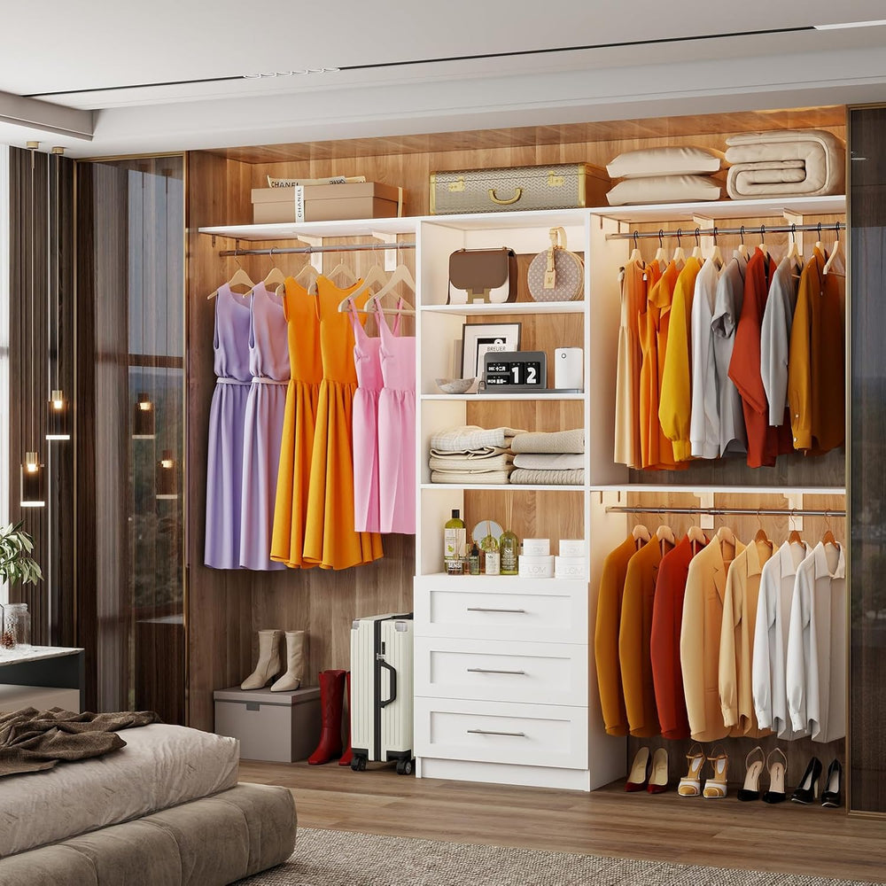 Closet System with 3 Wood Drawers, 5-7.61FT Closet Organizer System with Cutt...