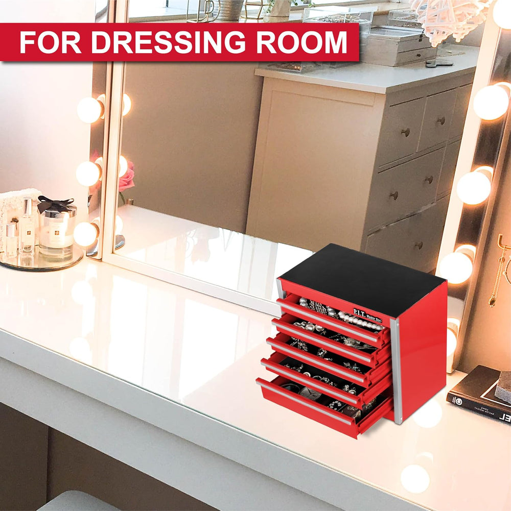 P.I.T. Mini Tool Box,Small Metal Toolbox Organizer with 5 Drawers,Red