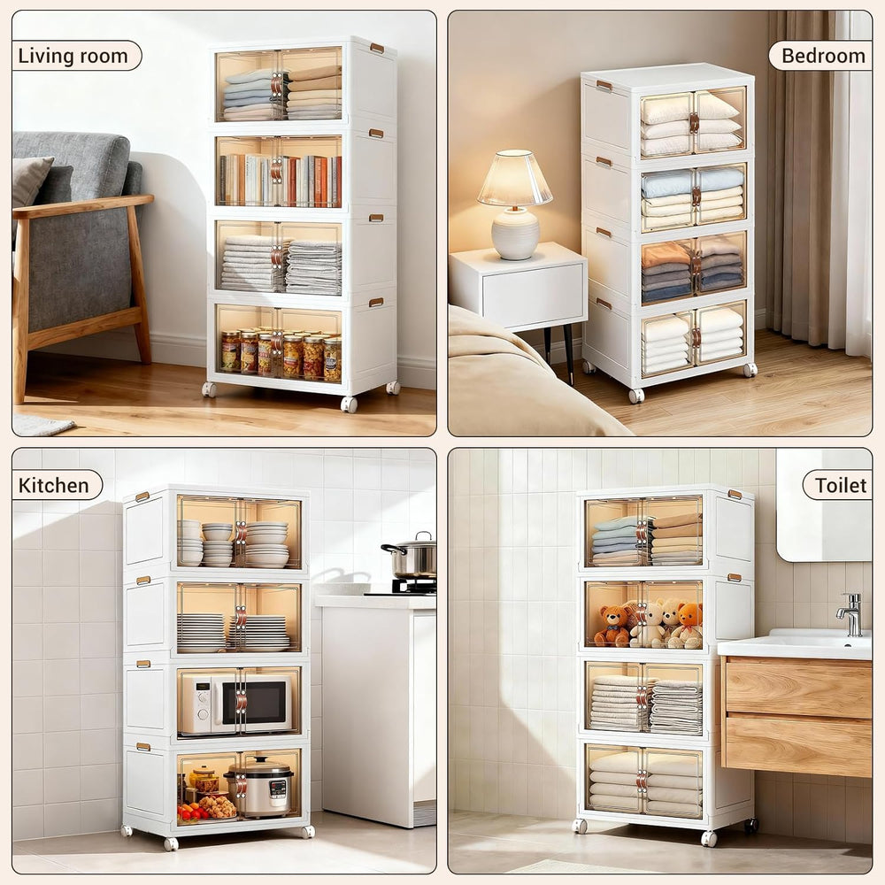 White 320 QT Large Stackable Storage Cabinet, 4-Tier Collapsible Storage Bins...