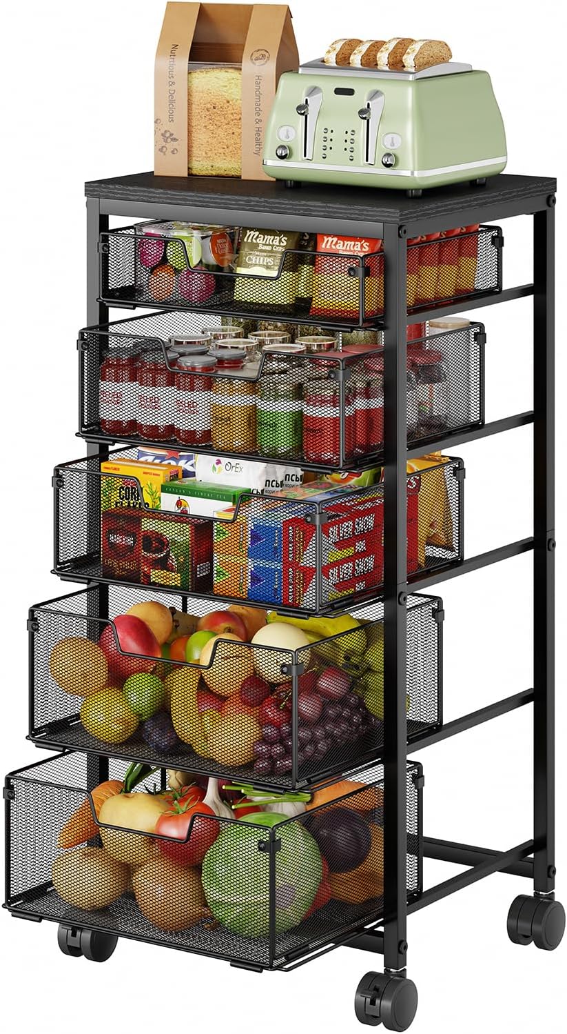 Kitchen Storage Cart with Drawer, 5-Tier Fruit Vegetable Storage Cart, Kitche...