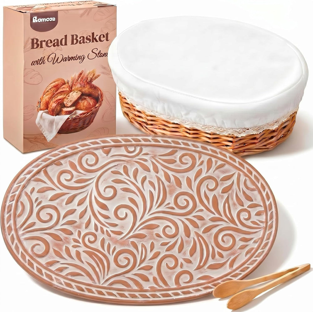 Bread Warmer Basket with Stone Wicker Bread Basket for Serving Tortilla Warme...