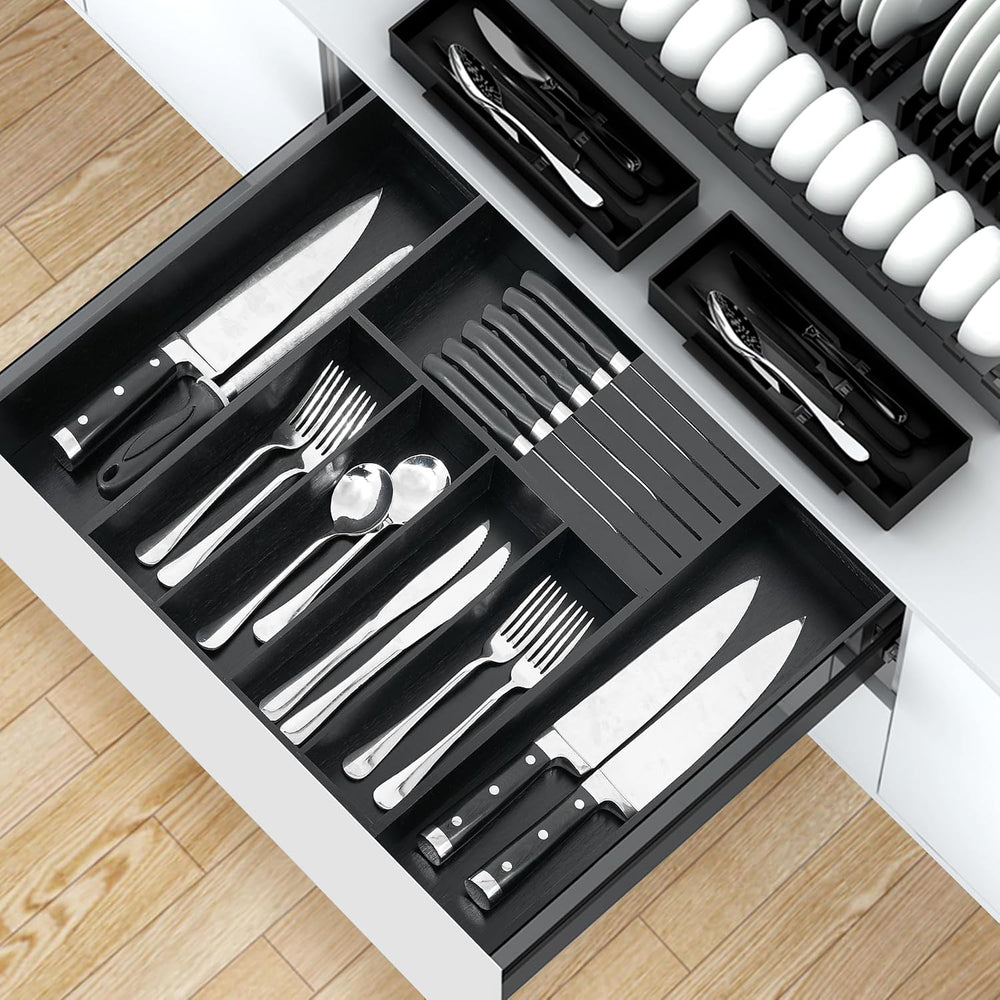 VaeFae Bamboo Silverware Drawer Organizer, 7 Slots, Black