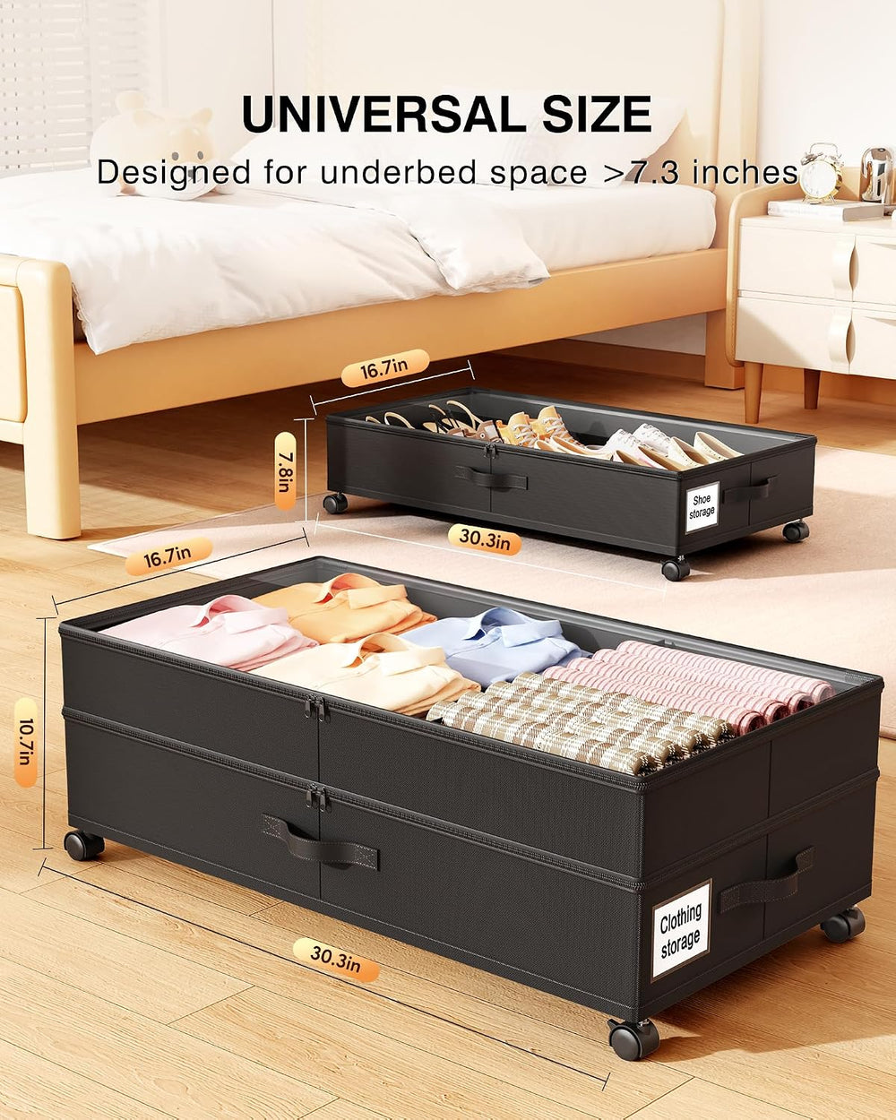 Under Bed Storage with Wheels,2Pack Underbed Shoe Storage Organizer,7.5-10.6 ...