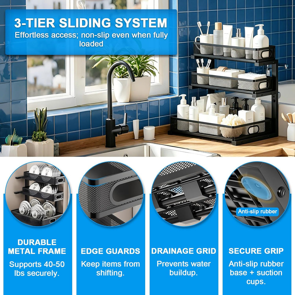 Under Sink Organizer,3-Tier Thickened Metal Pull out Cabinet OrganizerShelf