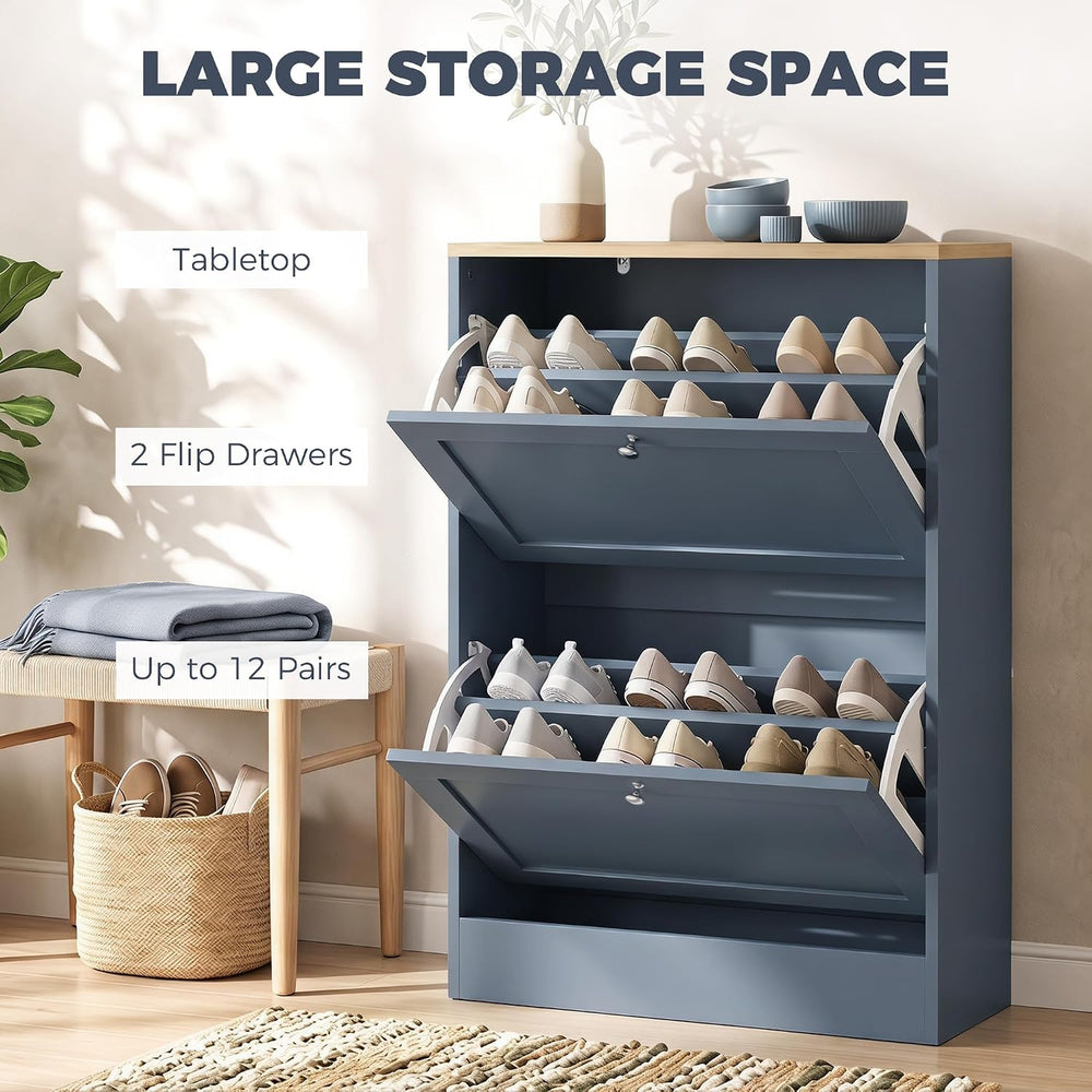 HOMCOM Shoe Storage Cabinet with 2 Flip Drawers, Entryway, Blue