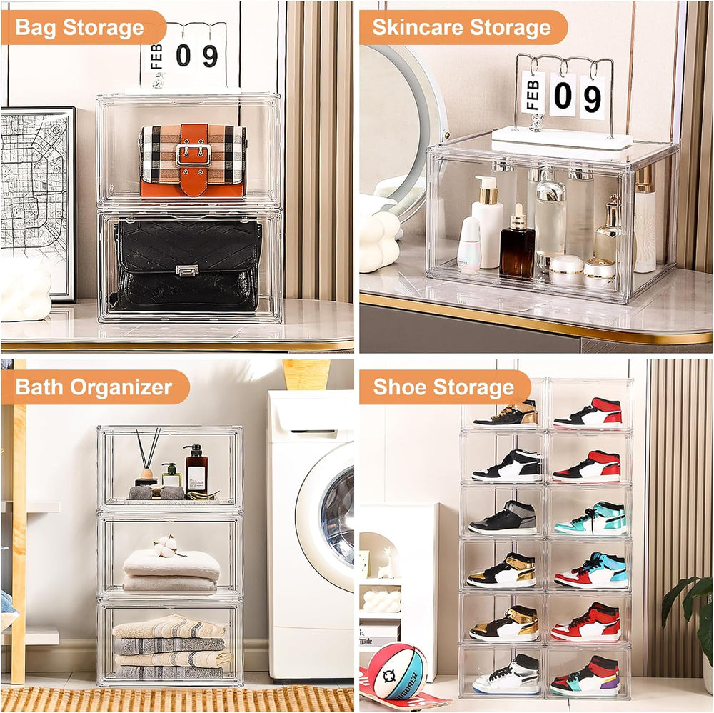 BVBOX 12 Pack Acrylic Shoe Storage Boxes with Magnetic Door - 360° Clear Stac...