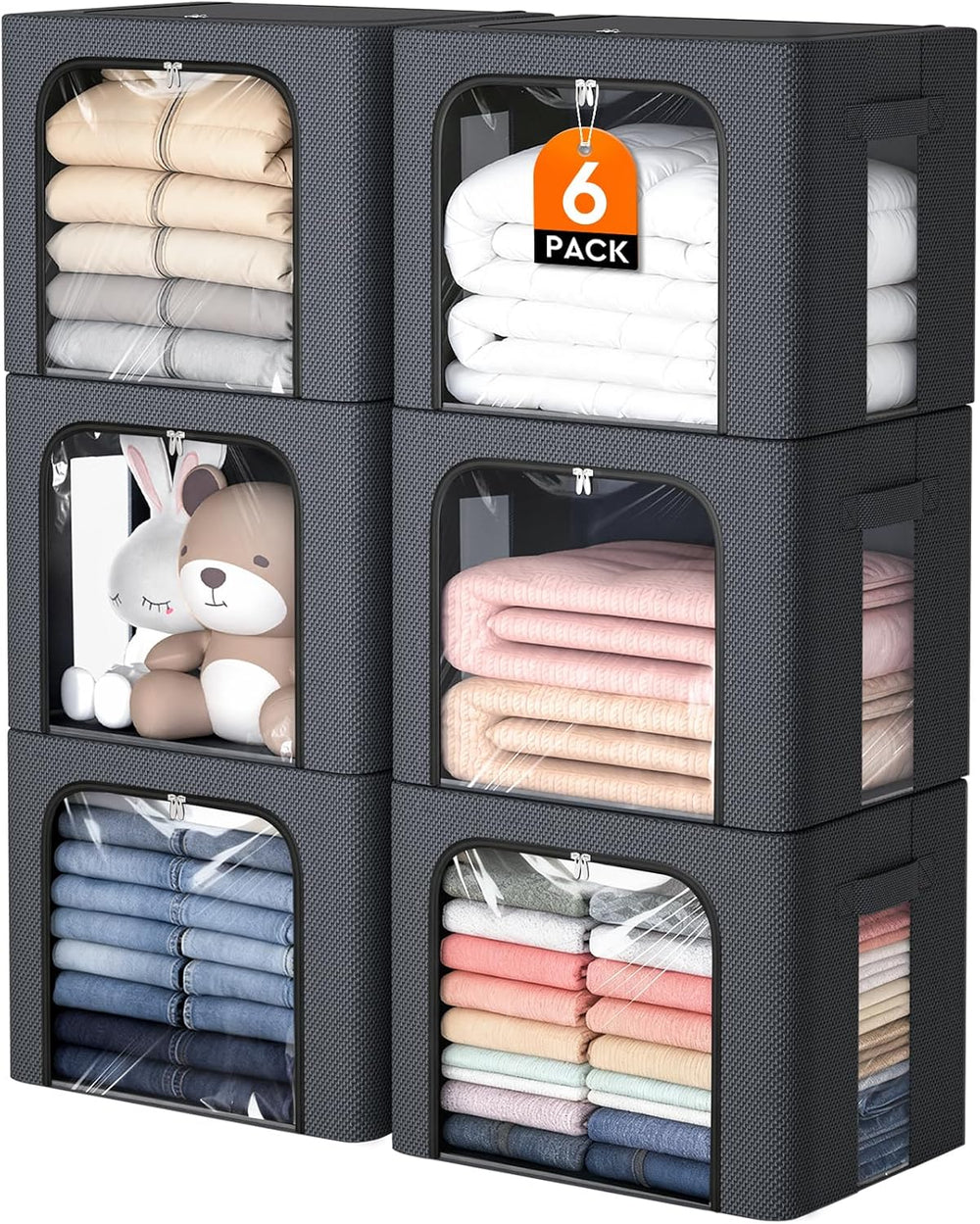 6 Pack Clothes Storage Bins with Metal Frame,40L Storage Bags Fabric Box Orga...