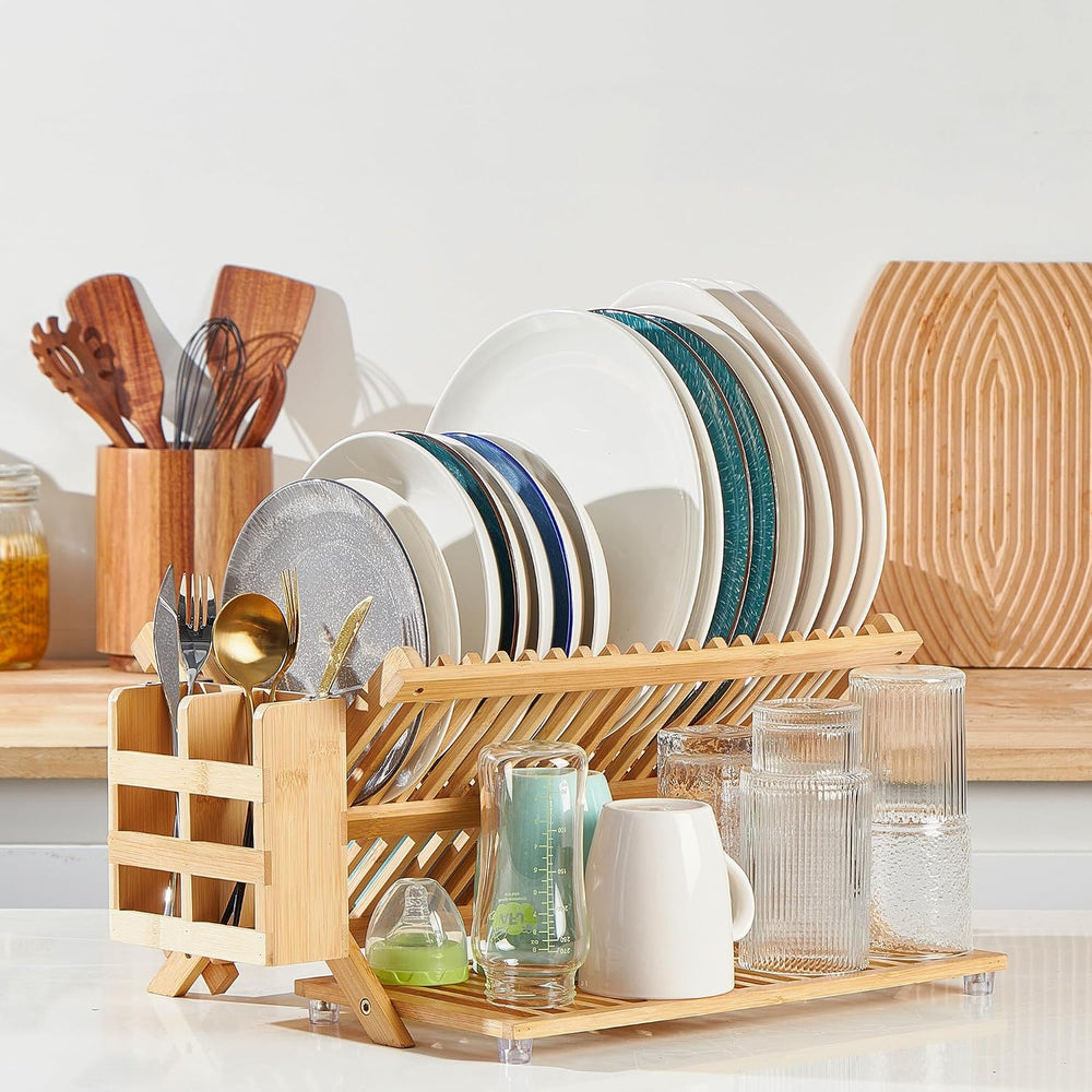 NOVAYEAH Bamboo Wooden Dish Rack, Wooden Dish Drying Drainer Rack