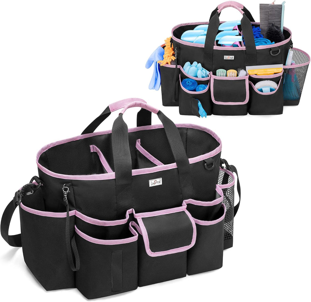 LoDrid Cleaning Caddy Bag with 3 Compartments and Shoulder Strap, Pink Edge