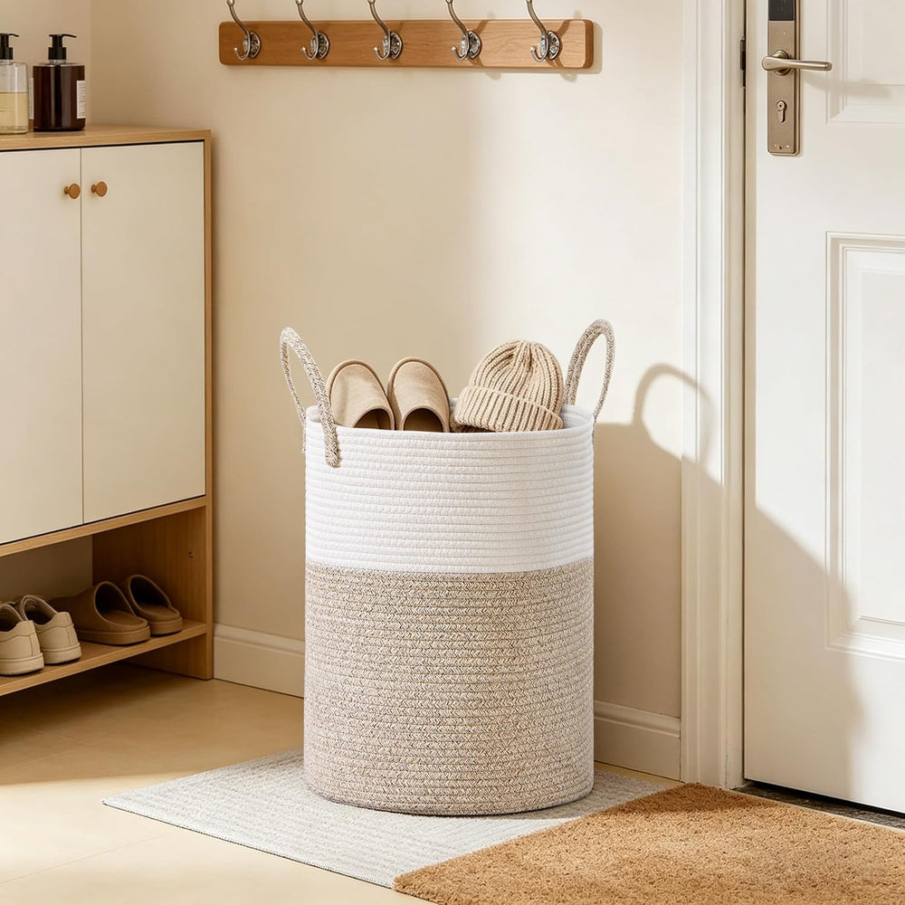 100L Extra Large Tall Cotton Rope Laundry Basket with Handle, Brown
