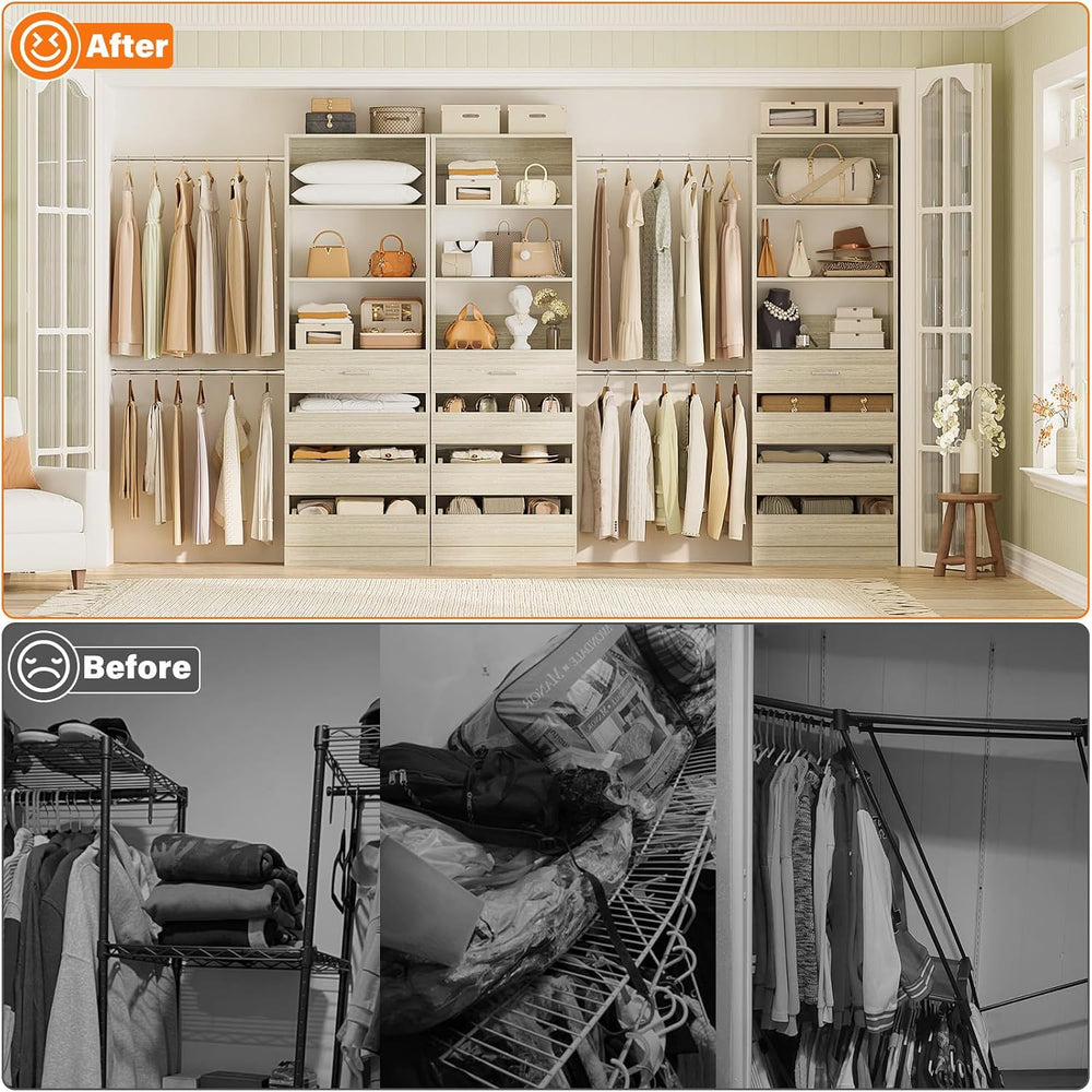 Aheaplus Closet System with 12 Drawers, 8.5-11.5Ft Wood Closet Organizer